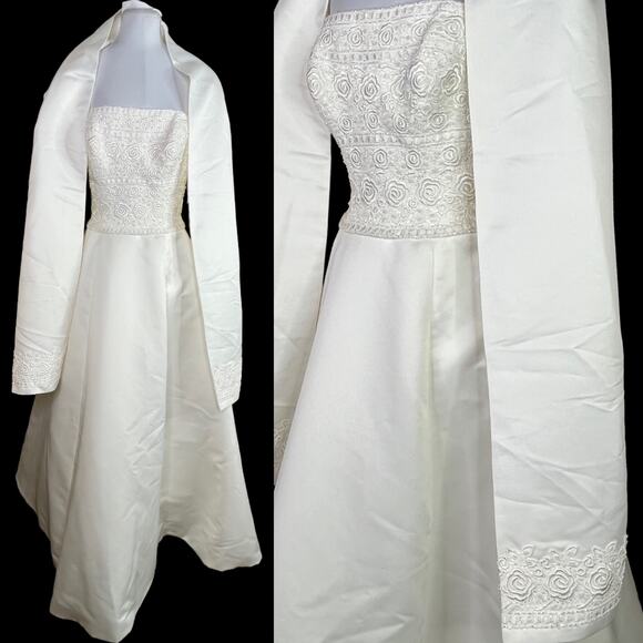 Mon Cheri Ivory Princess Wedding Dress sz 8 Strapless Rose Lace Embroidery Gown - Picture 1 of 16